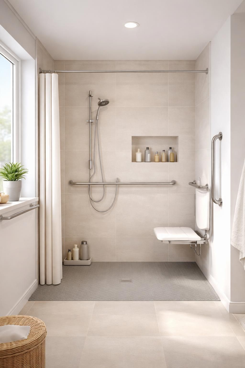 aménagez une salle de bain sécurisée et confortable pour les seniors avec une douche italienne plain-pied et un mitigeur thermostatique, alliant accessibilité et modernité.