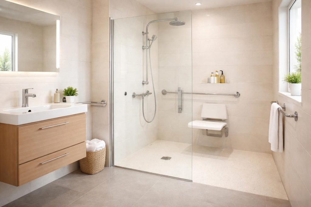 Adapter salle de bain seniors avec douche italienne plain-pied et mitigeur thermostatique