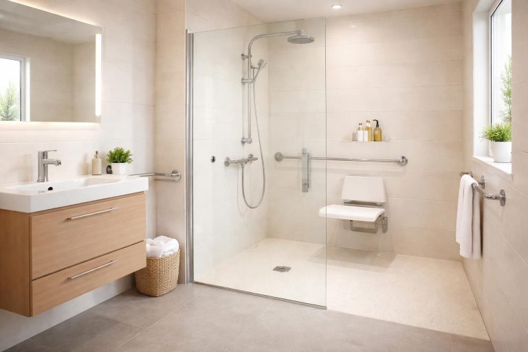 Adapter salle de bain seniors avec douche italienne plain-pied et mitigeur thermostatique